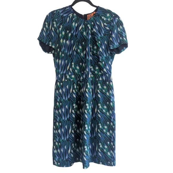 Tory Burch Green Blue Watercolor Print Silk Dress. Size 6